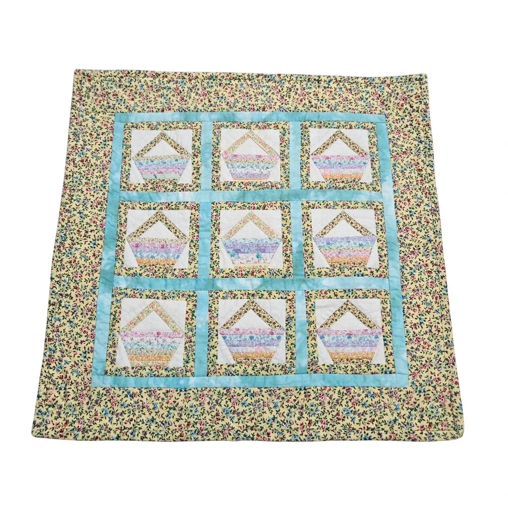 Handmade Quilt Table Runner Centerpiece Easter Spring Baskets Floral Yellow Blue
